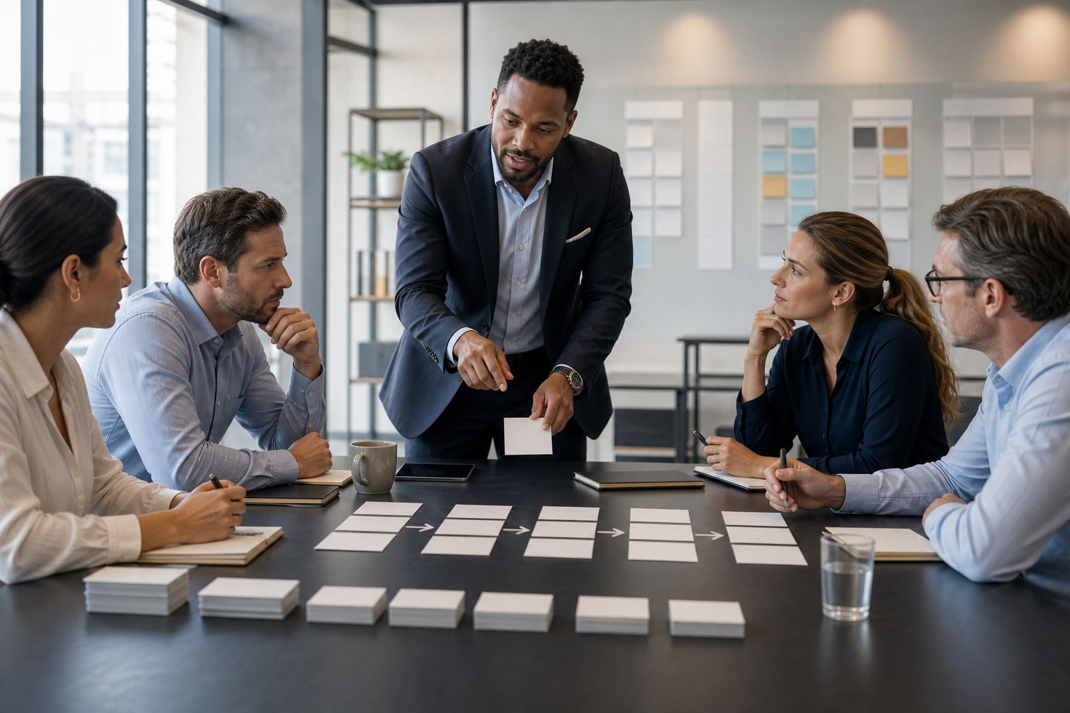A sales manager guiding a team through an orderly process using blank stage cards.