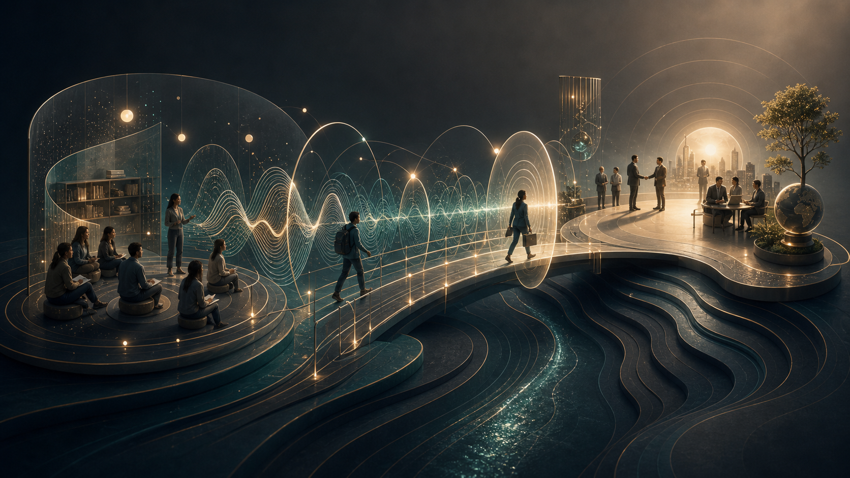 Abstract language bridge with sound pathways connecting learning spaces to opportunity platforms.