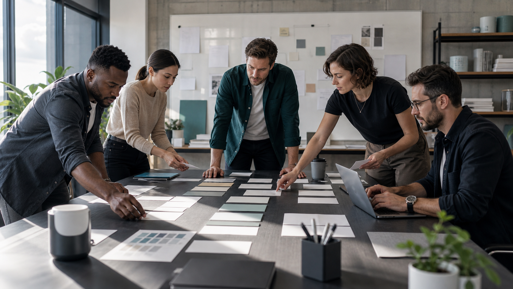 A startup team coordinating launch steps around a table, representing disciplined speed to market.
