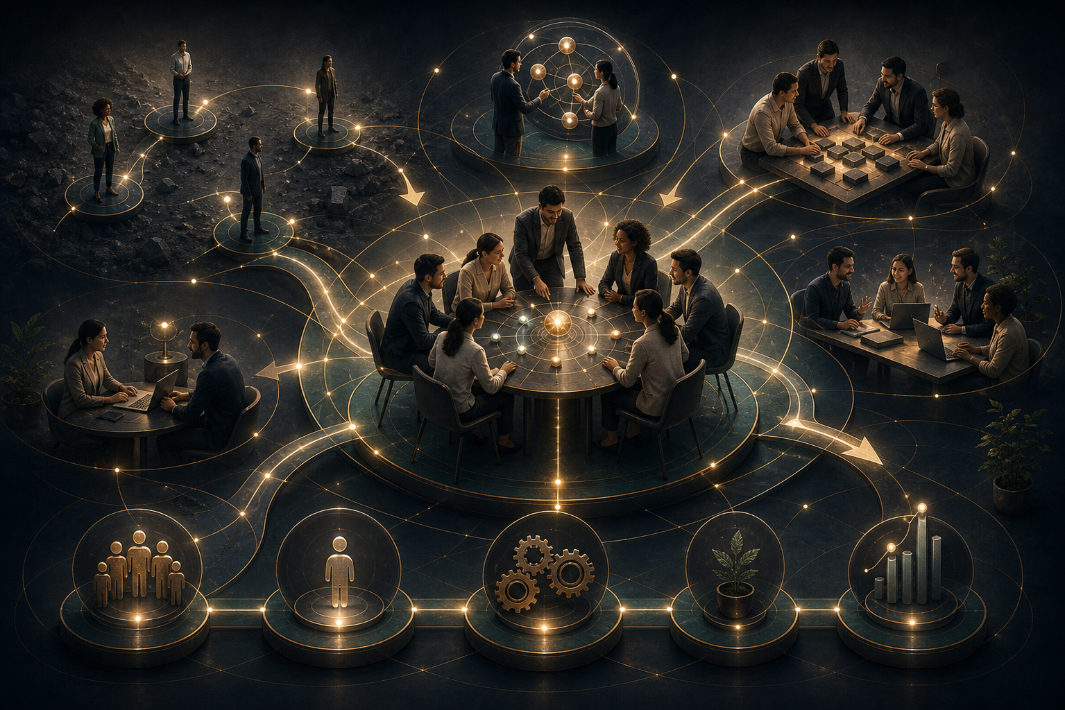 A team forming around clear roles, trust pathways, and performance signals to become a high performing unit.
