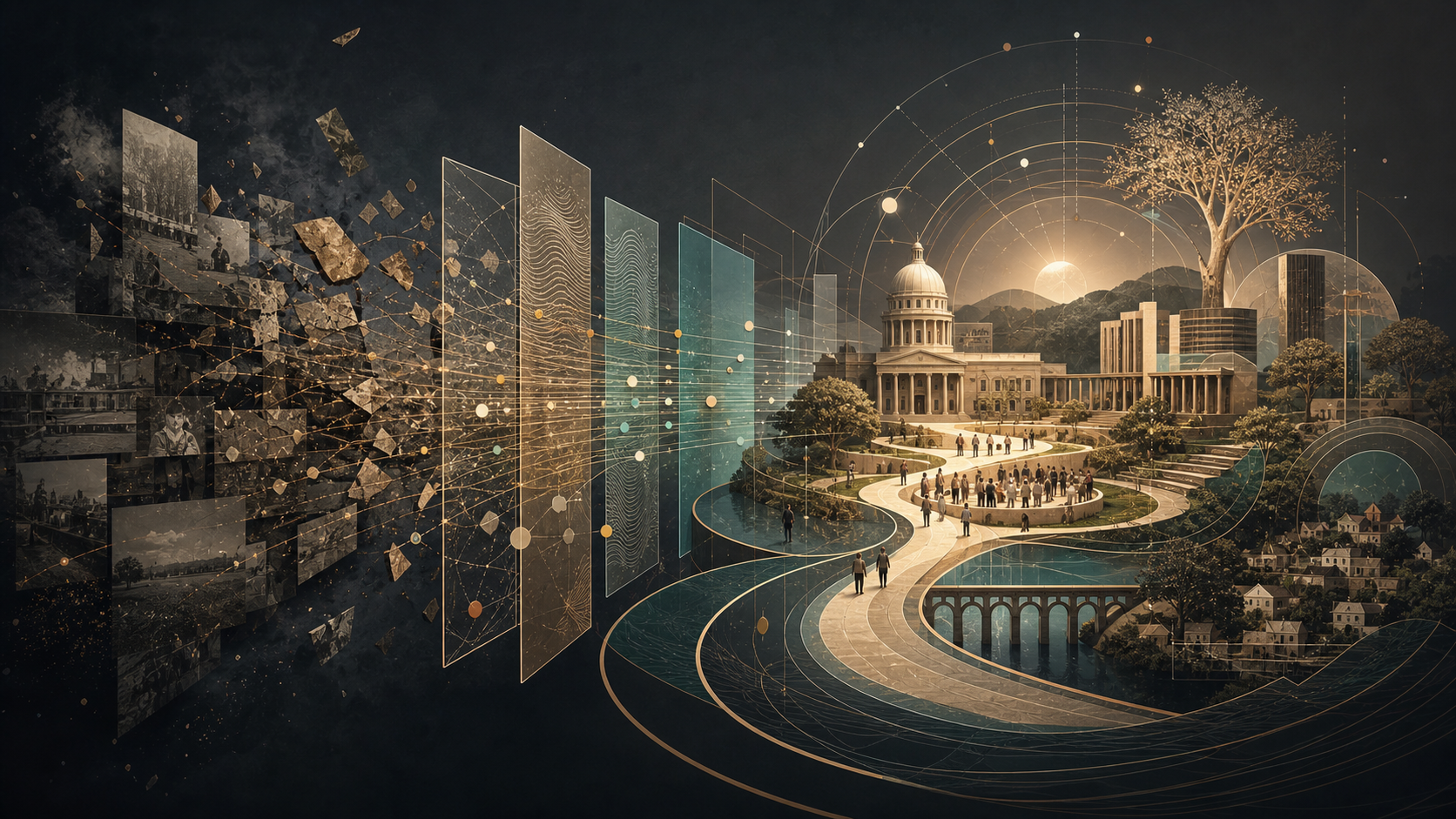 Fractured civic story layers aligning into a more coherent public path.