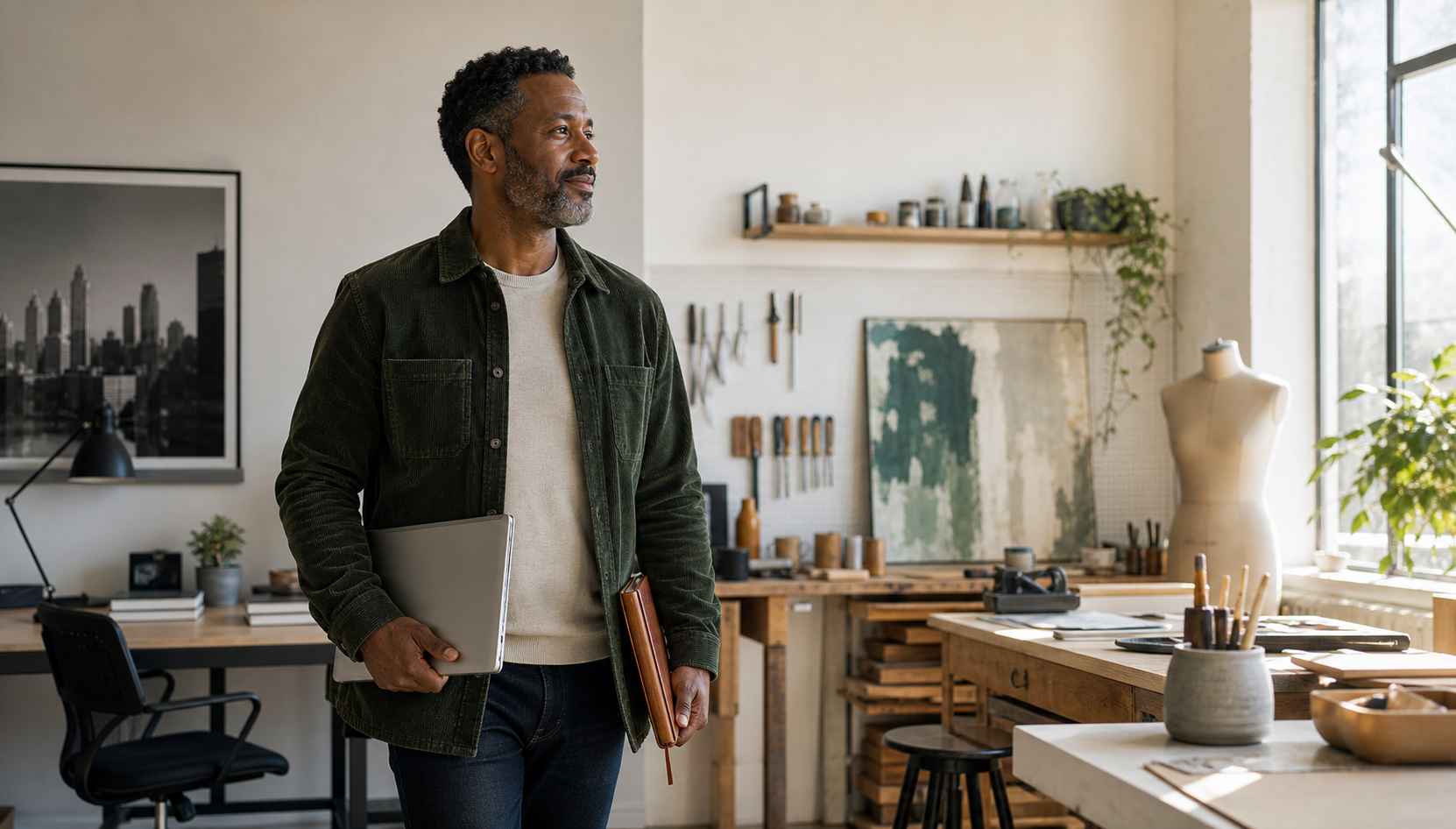 A mature professional entering a new workspace, representing reinvention and a second career.