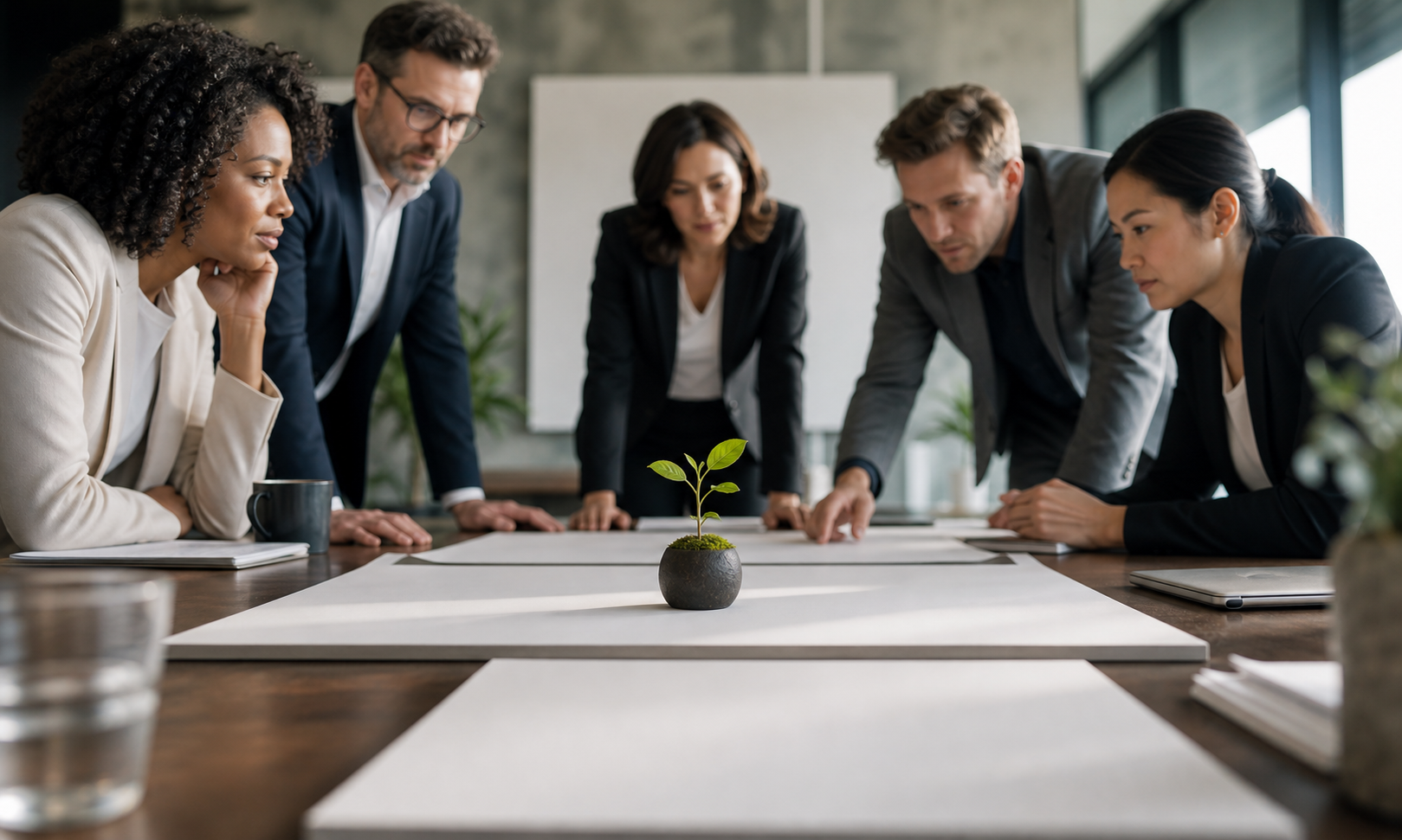 A team leaning over a small seedling-like idea during a major decision discussion.