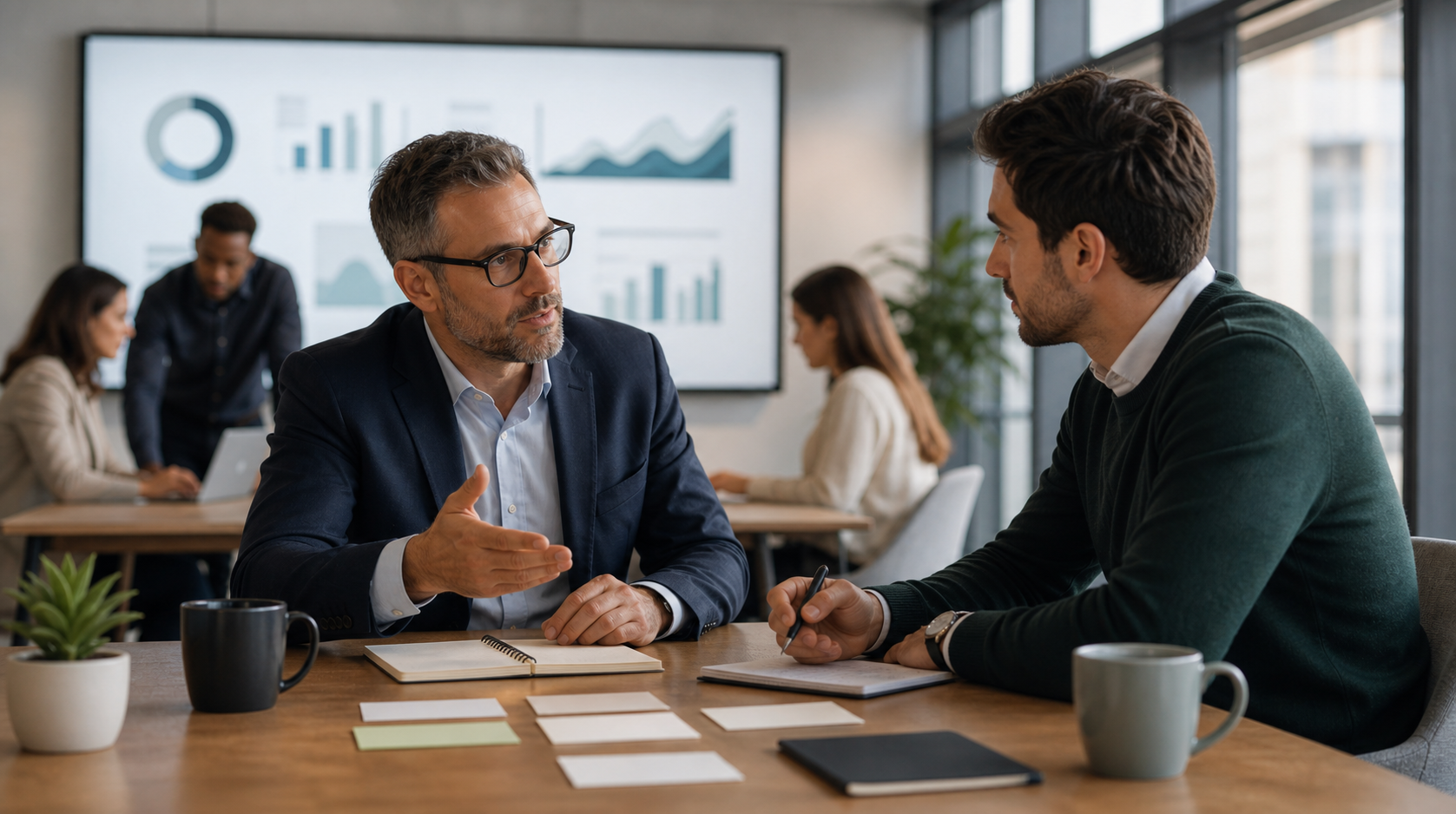 A sales manager coaching a representative with abstract dashboard activity in the background.