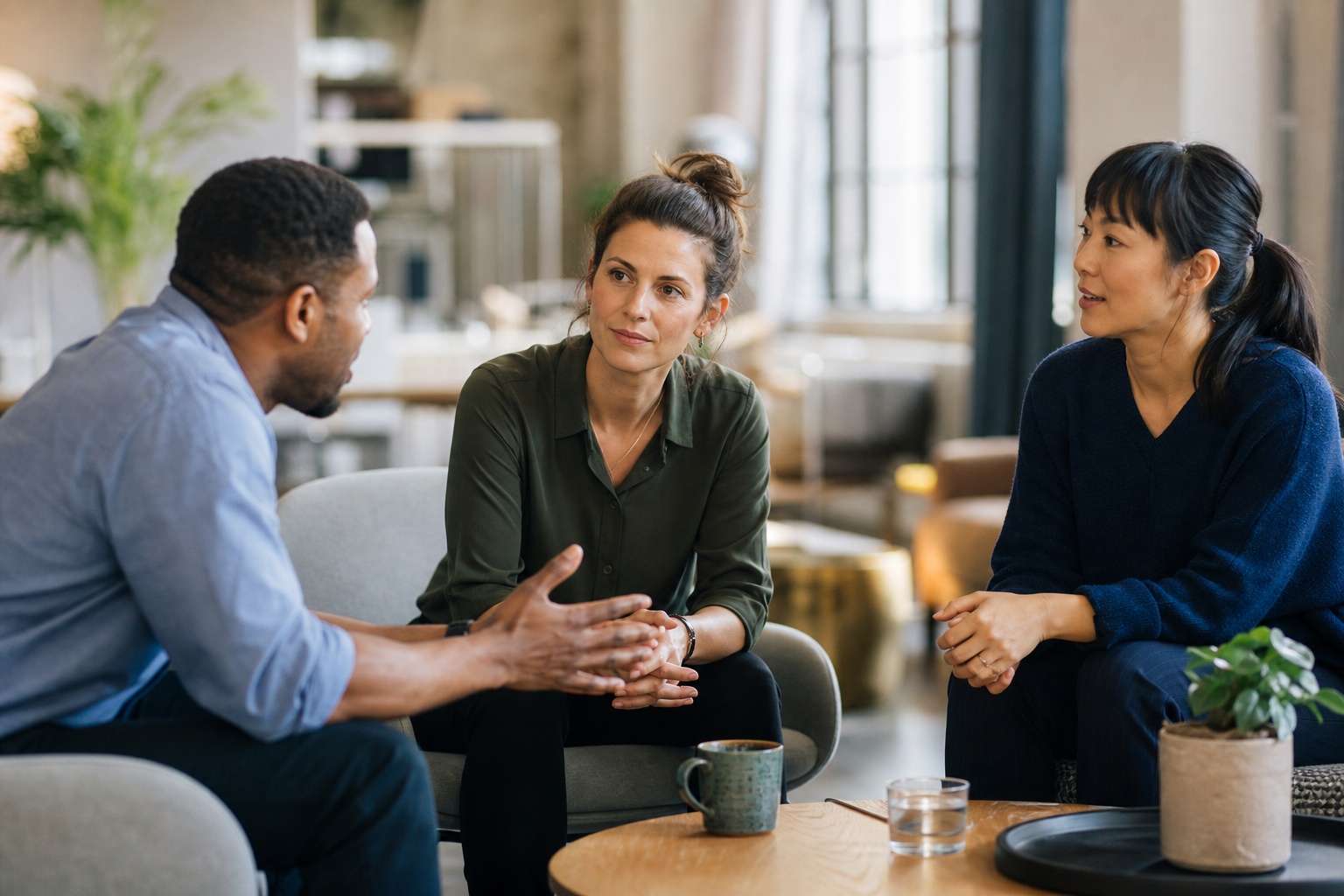 Professionals in attentive conversation, showing trust, listening, and social intelligence at work.