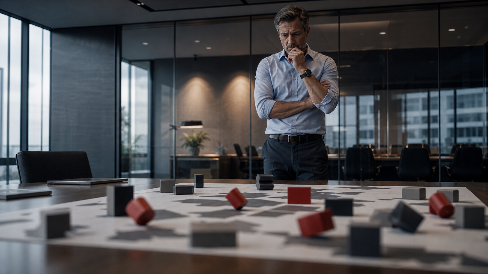 A leader studying scattered strategy pieces after a flawed decision, representing strategic blunders and learning.
