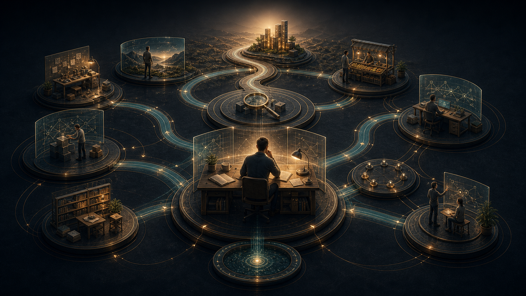 Self-directed entrepreneurship learning pathway connecting practice, market feedback, discipline, and reflection.