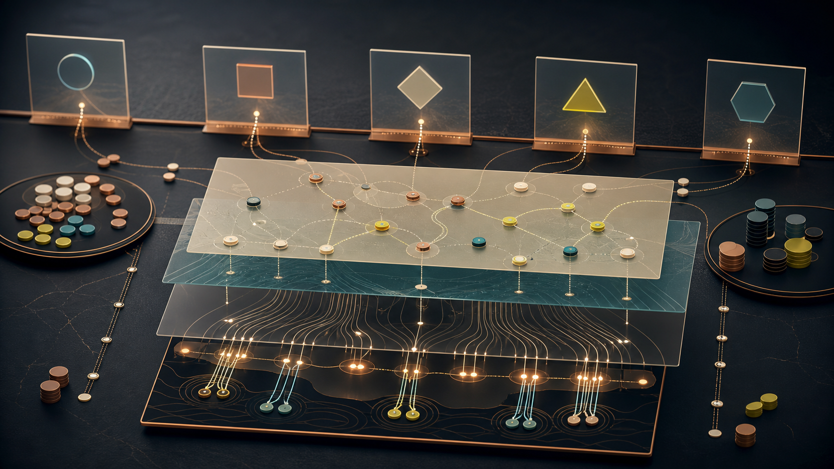 An abstract governance model of layered assumptions, evidence signals, and budget flows.