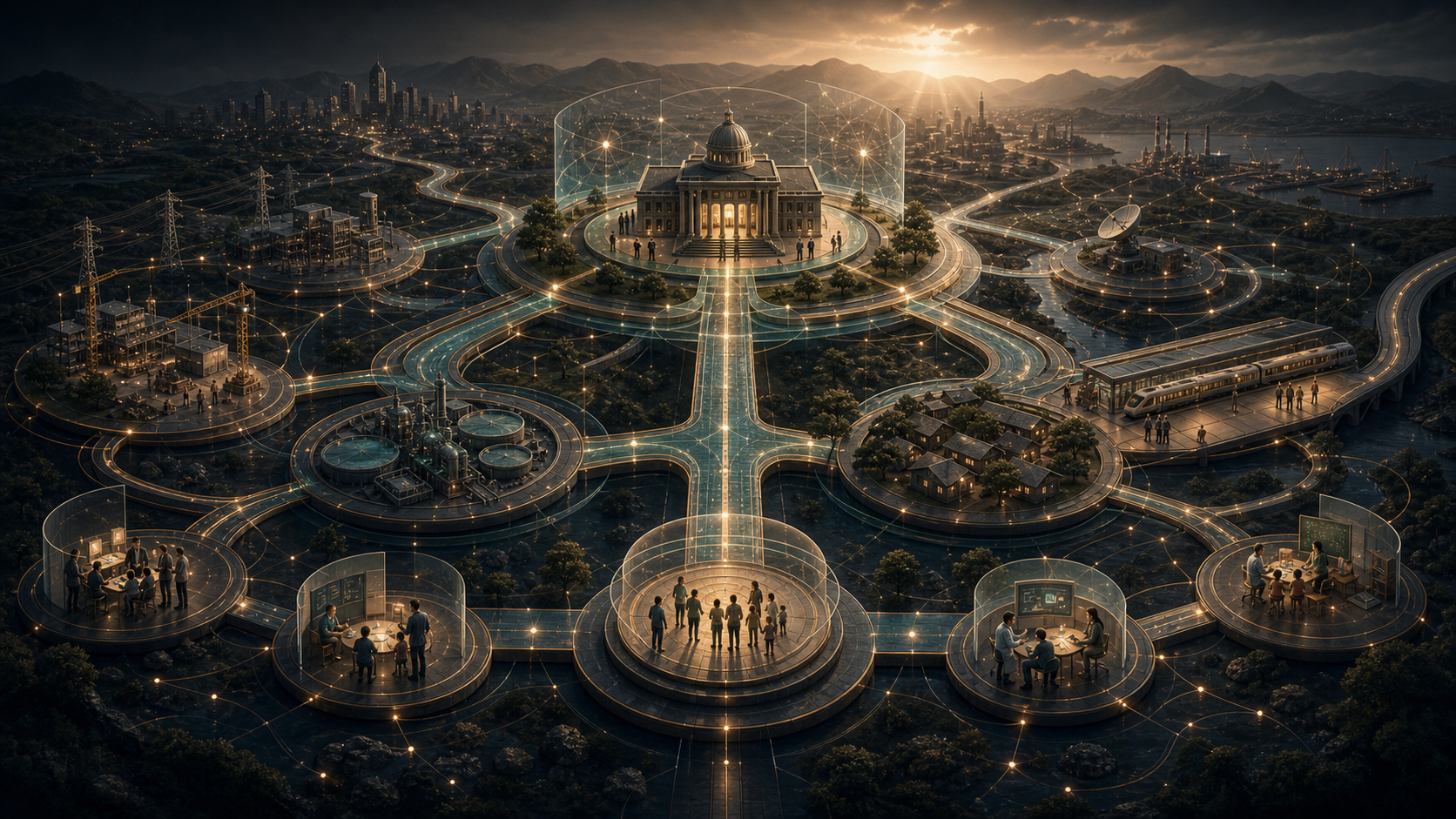 Public delivery system linking state capacity, infrastructure routes, citizen needs, and service outcomes.
