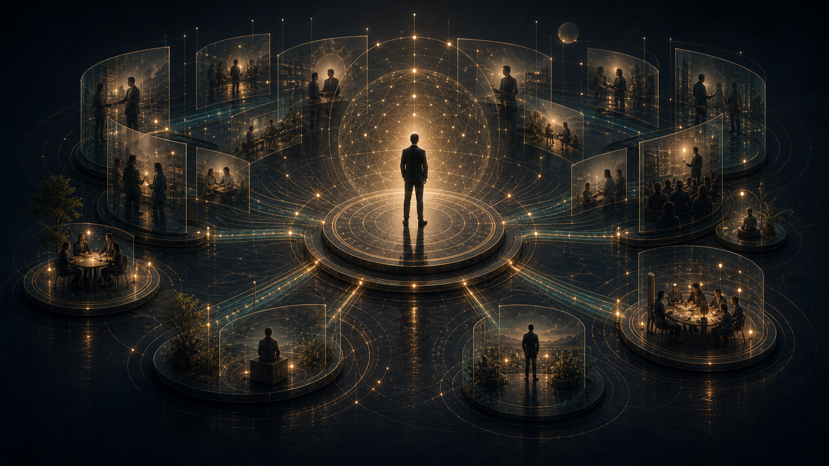 Presence platform surrounded by repeated conduct signals, reputation layers, and perception fields.
