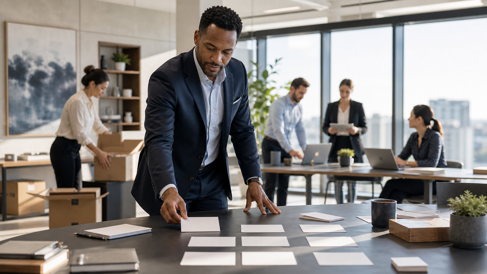 A new leader placing first priorities in a fresh office, representing early leadership momentum.