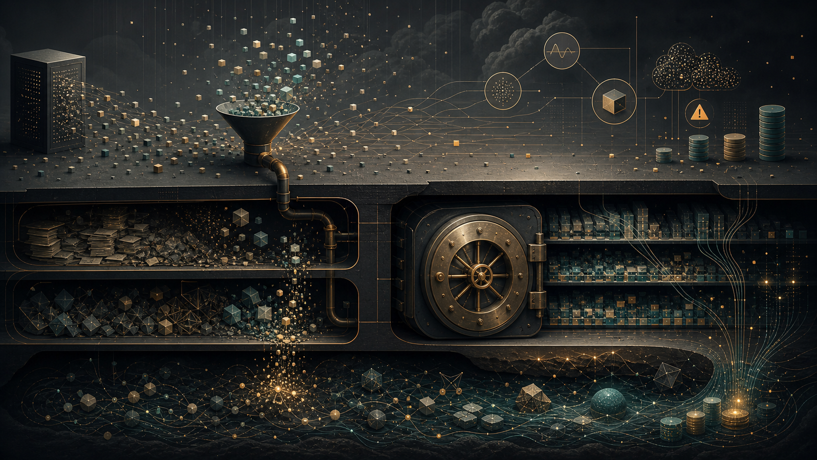 Layered digital ledger of unused data, hidden costs, and value signals.
