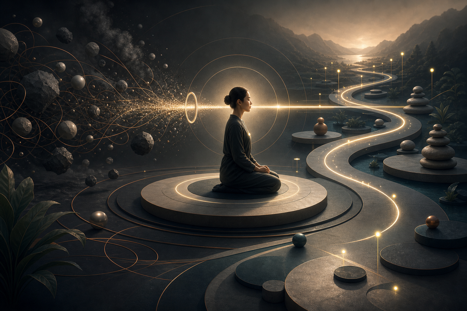 A focused figure and aligned light pathways representing attention, focus, and repeated affirmations.