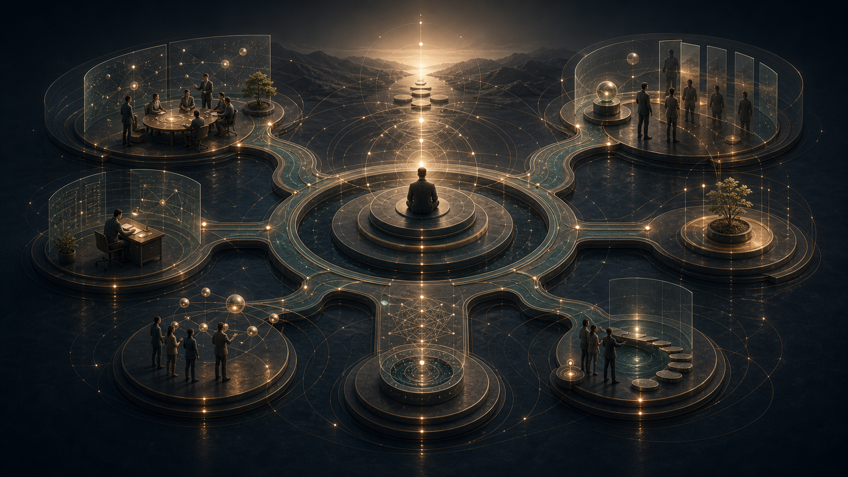 Reflective management pathways connecting attention, judgement, responsibility, and transformation.