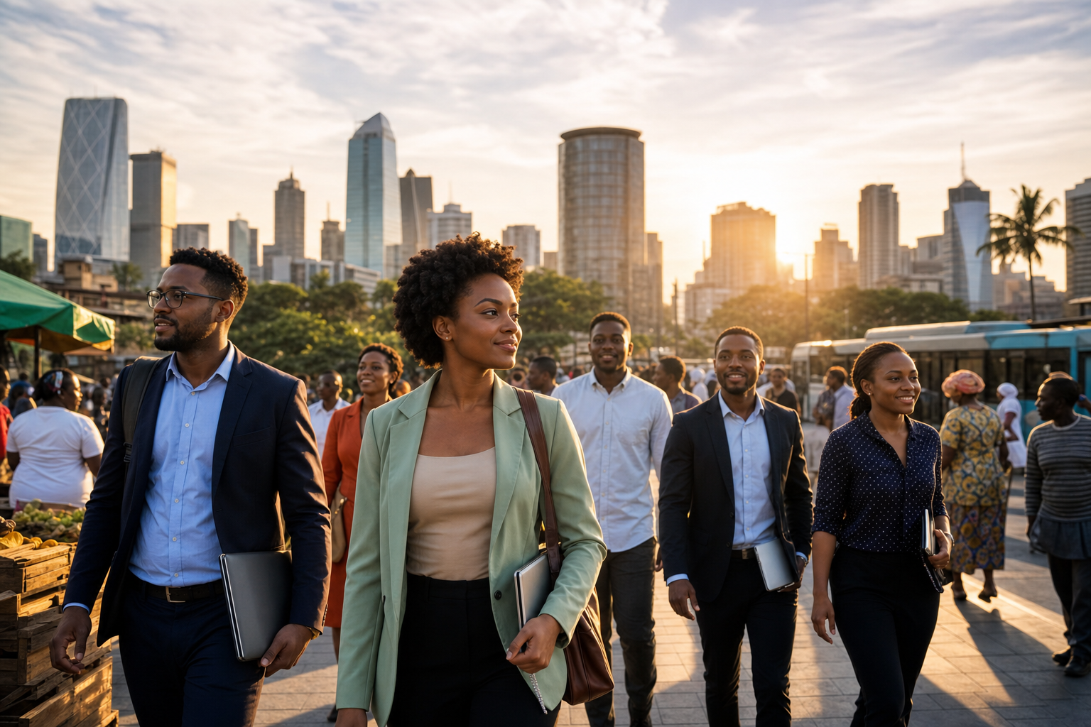 African professionals walking through a modern city at sunrise, representing renewal, enterprise, and opportunity.