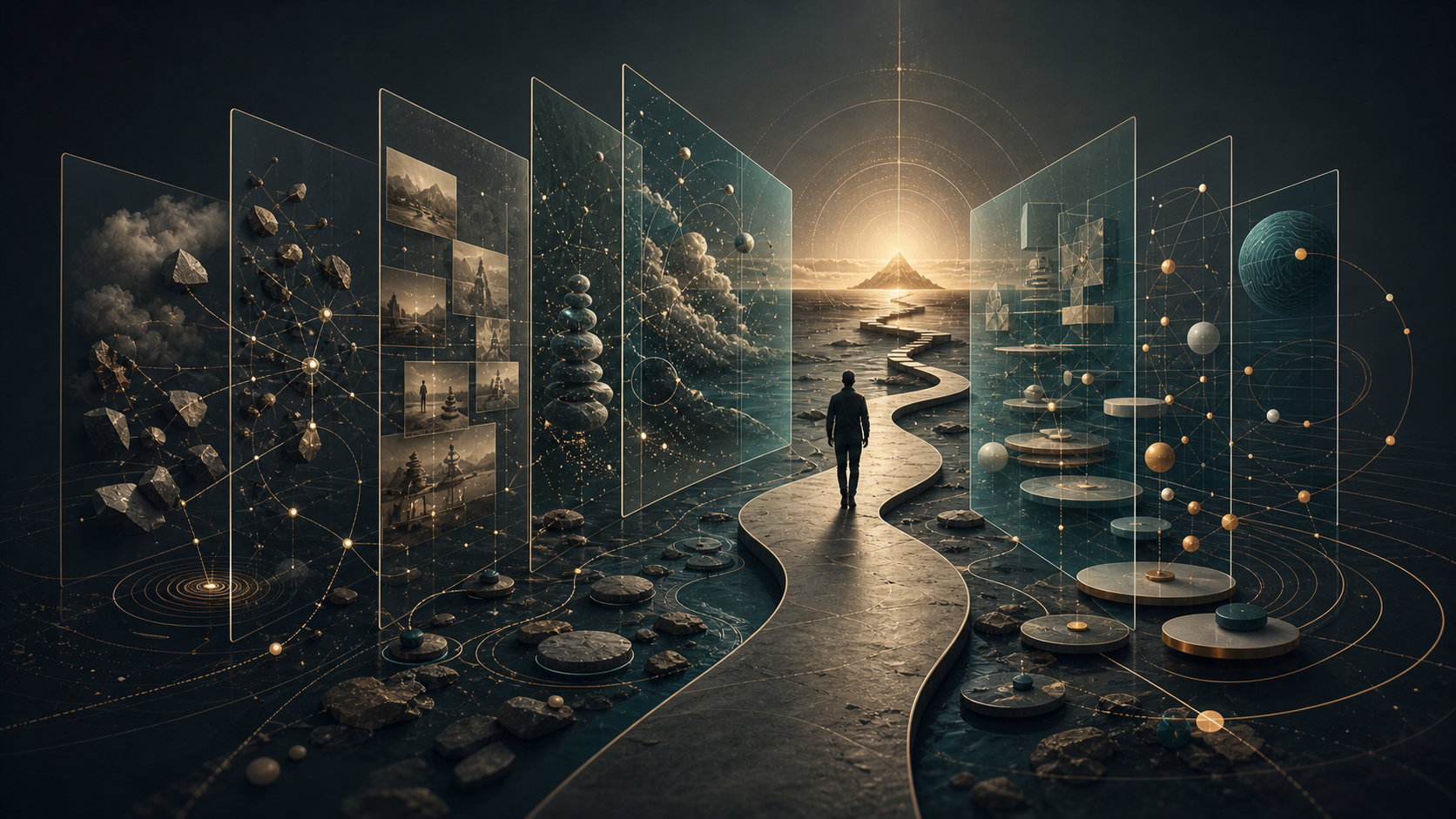Abstract layered pathway of experience becoming reflective evidence and deliberate practice.