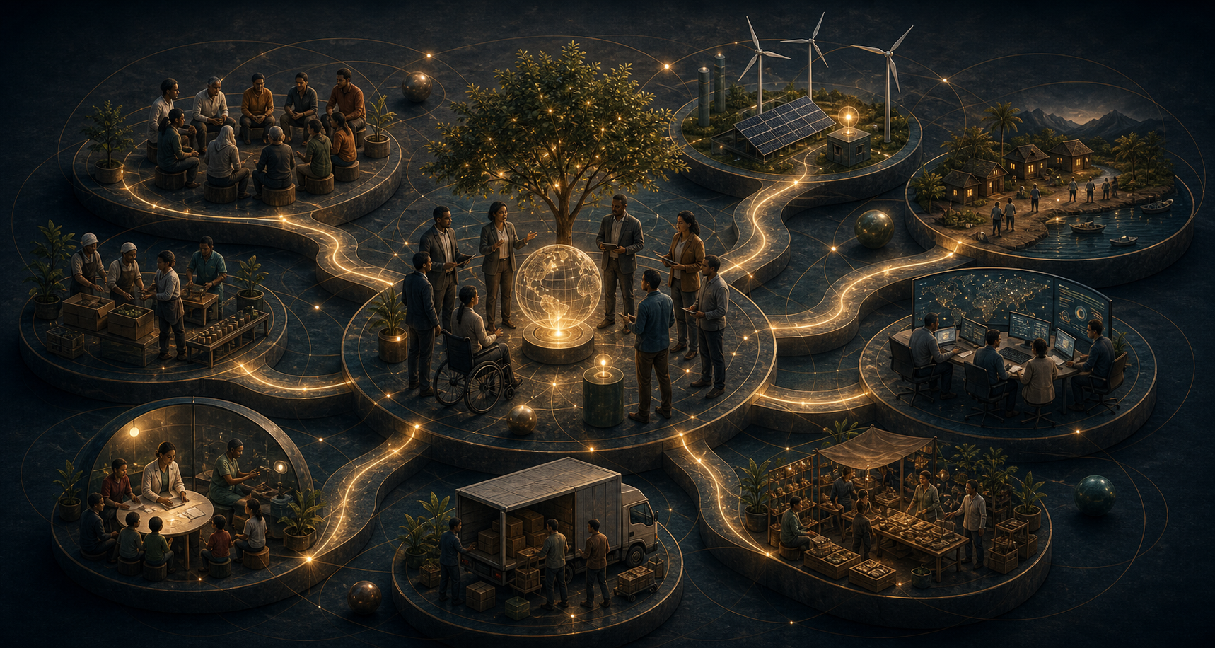 A social enterprise model connecting community value, revenue, service delivery, and real-world impact.