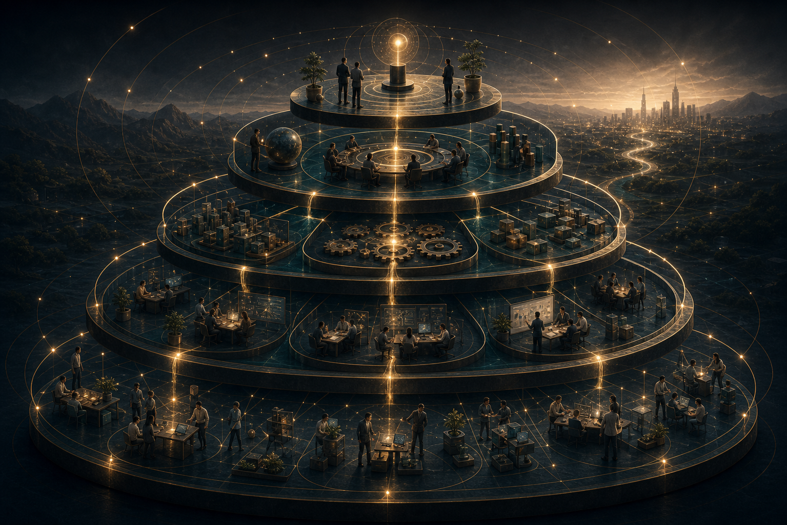 Layered strategic architecture connecting purpose, capabilities, initiatives, and daily action.