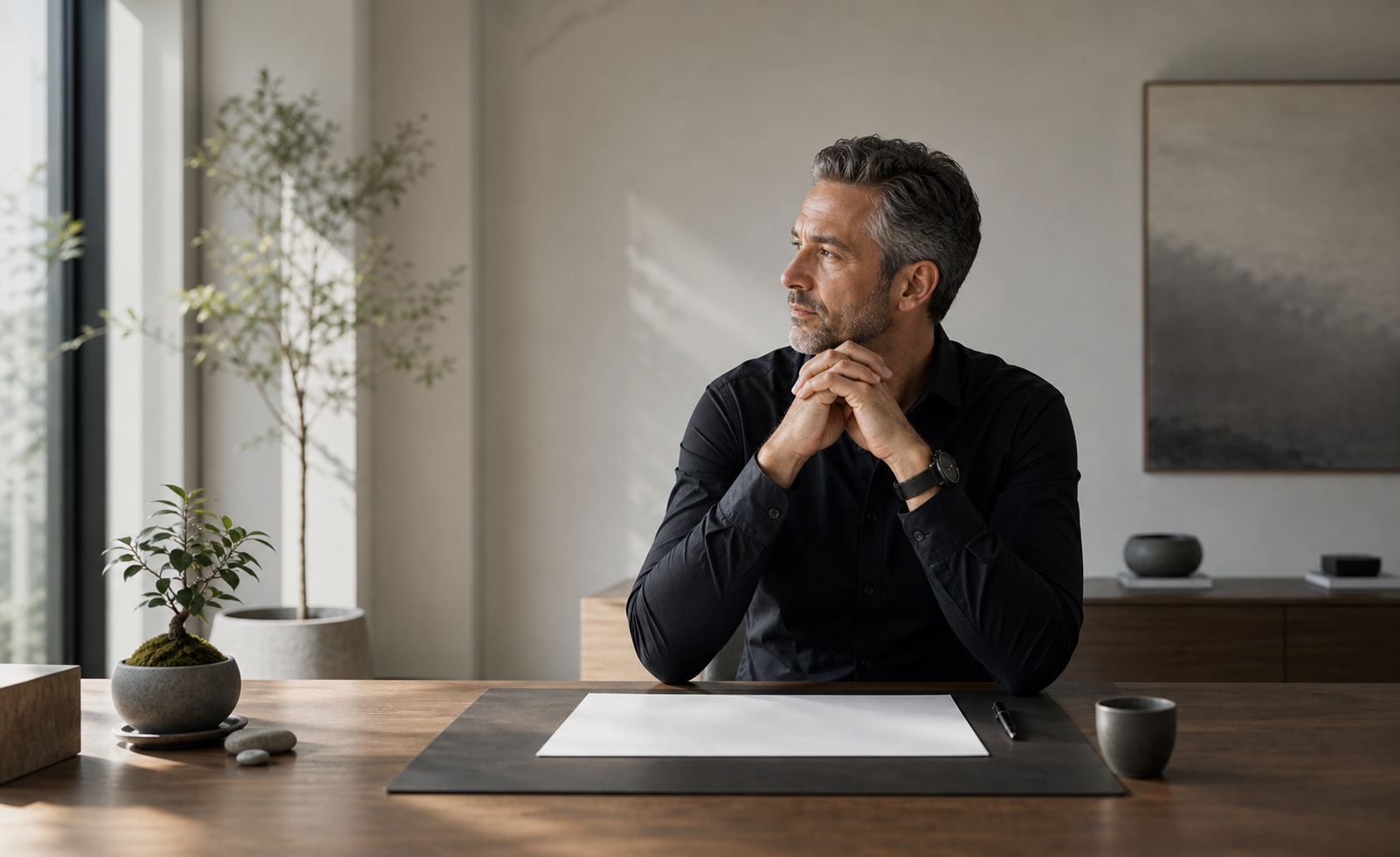 A calm executive in a minimal workspace, representing simplicity and discipline in business.