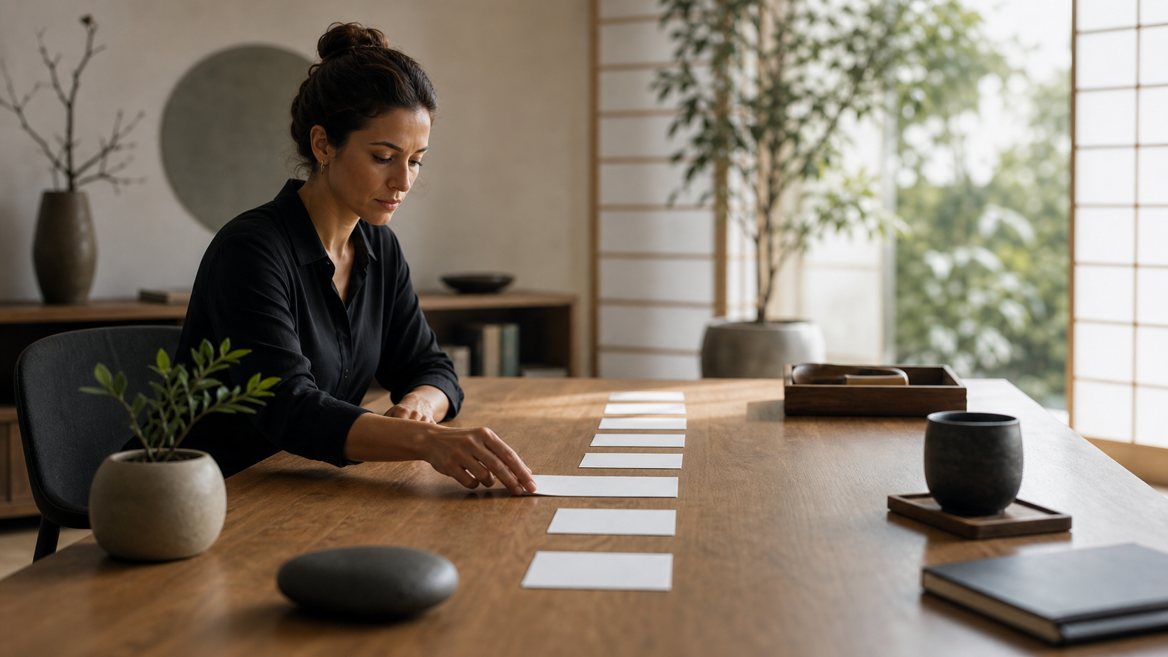 A professional arranging blank goal cards into a calm path of disciplined progress.