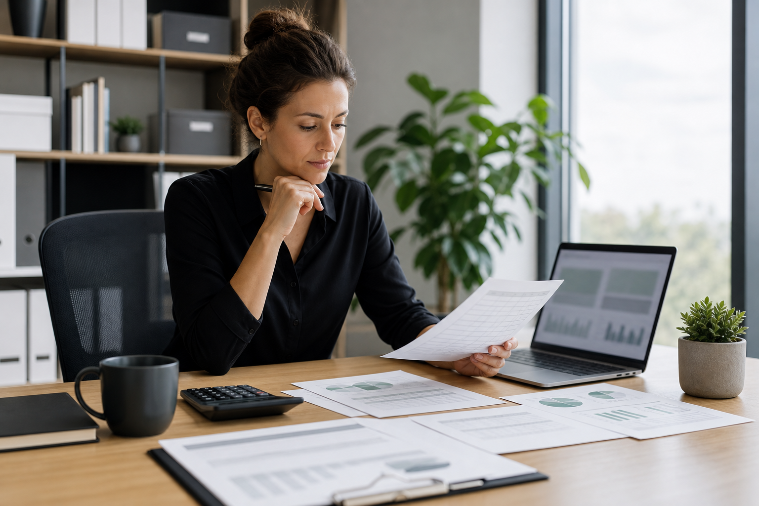 A manager reviewing financial materials and abstract charts to understand the numbers behind decisions.