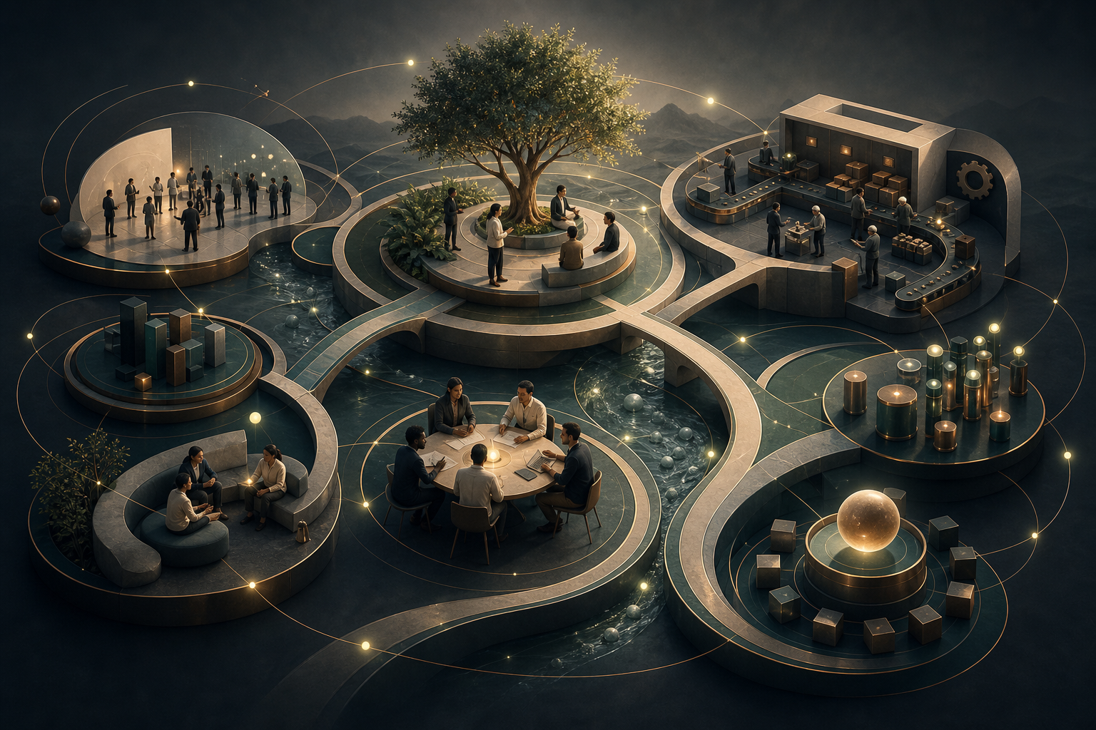 An interconnected business growth system of customers, operations, capability, capital, and execution pathways.