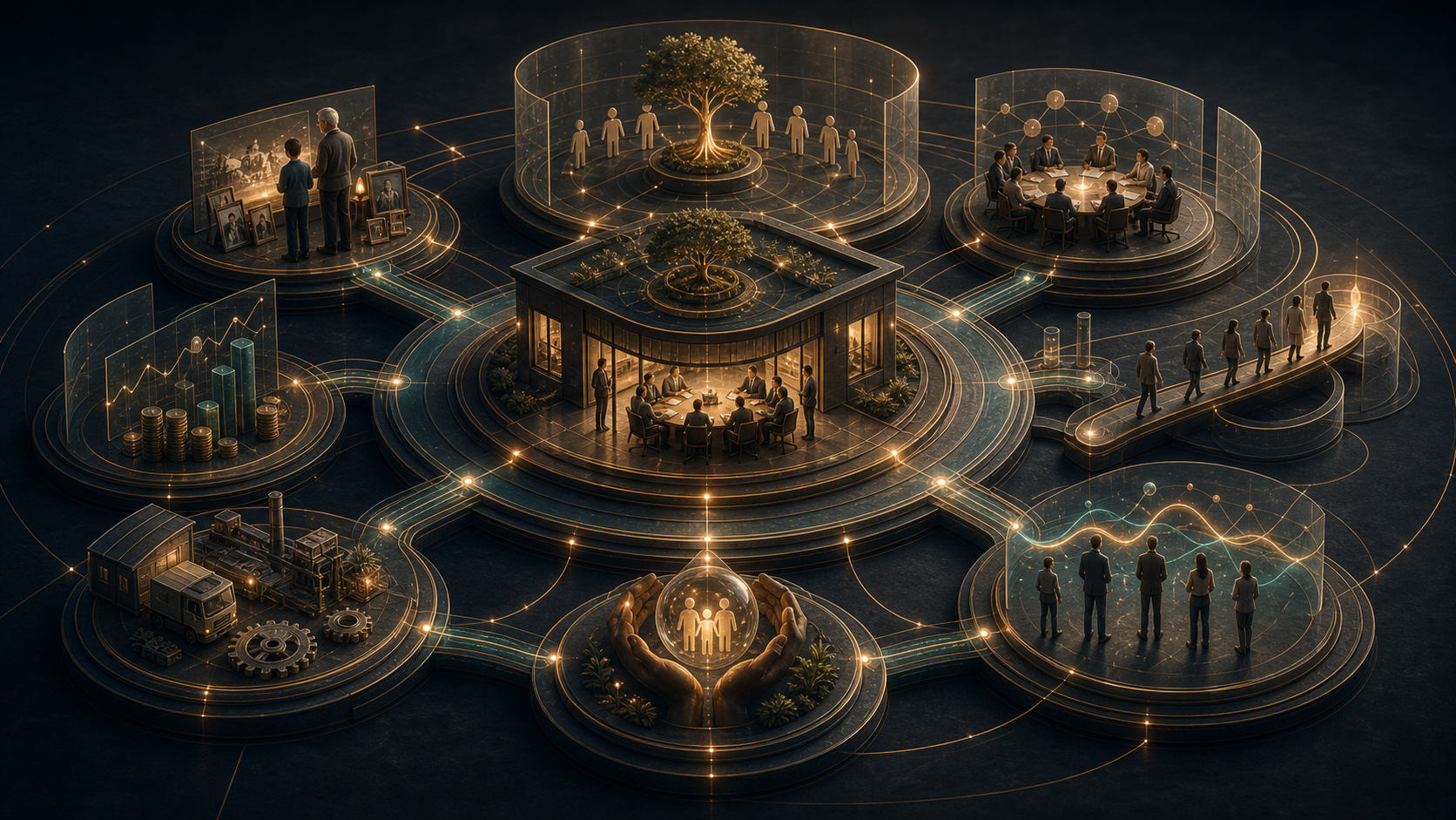 Family enterprise system connecting ownership, relationships, governance, succession, operations, and emotion.