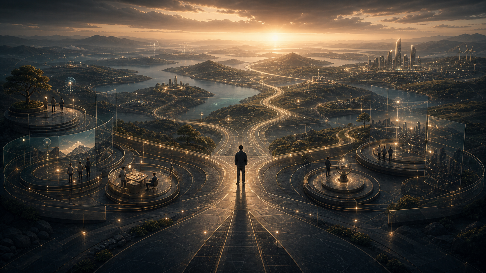 Layered opportunity landscape with expanding paths, vantage points, and decision platforms.
