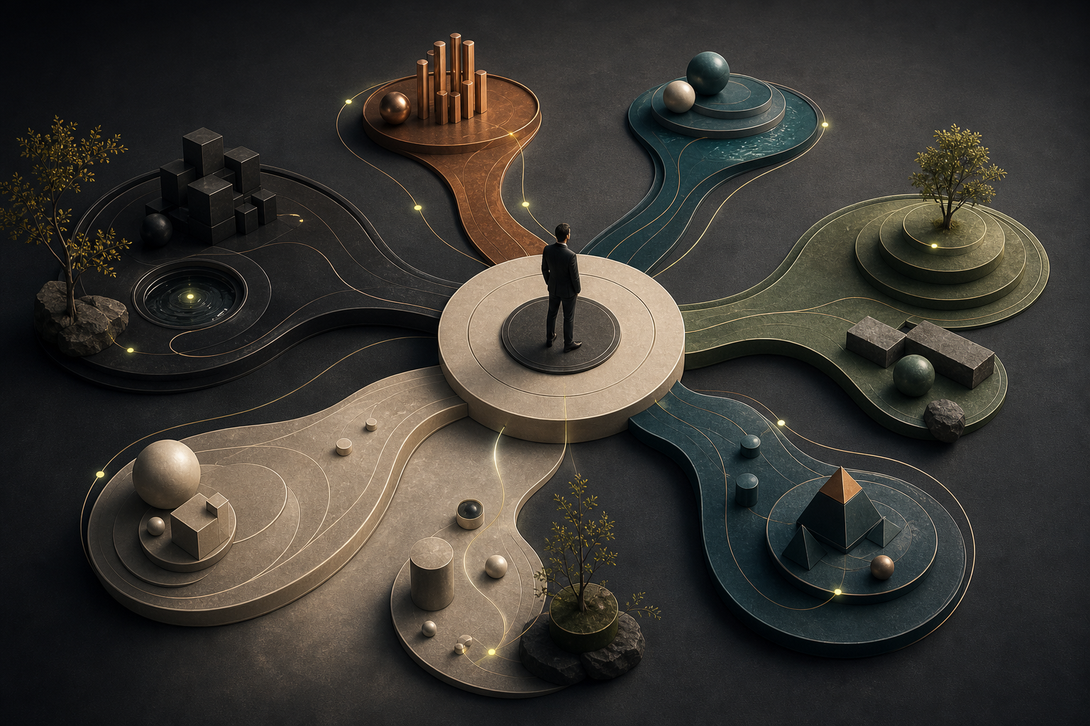 A strategic decision architecture expressed through distinct colour fields and operating pathways.