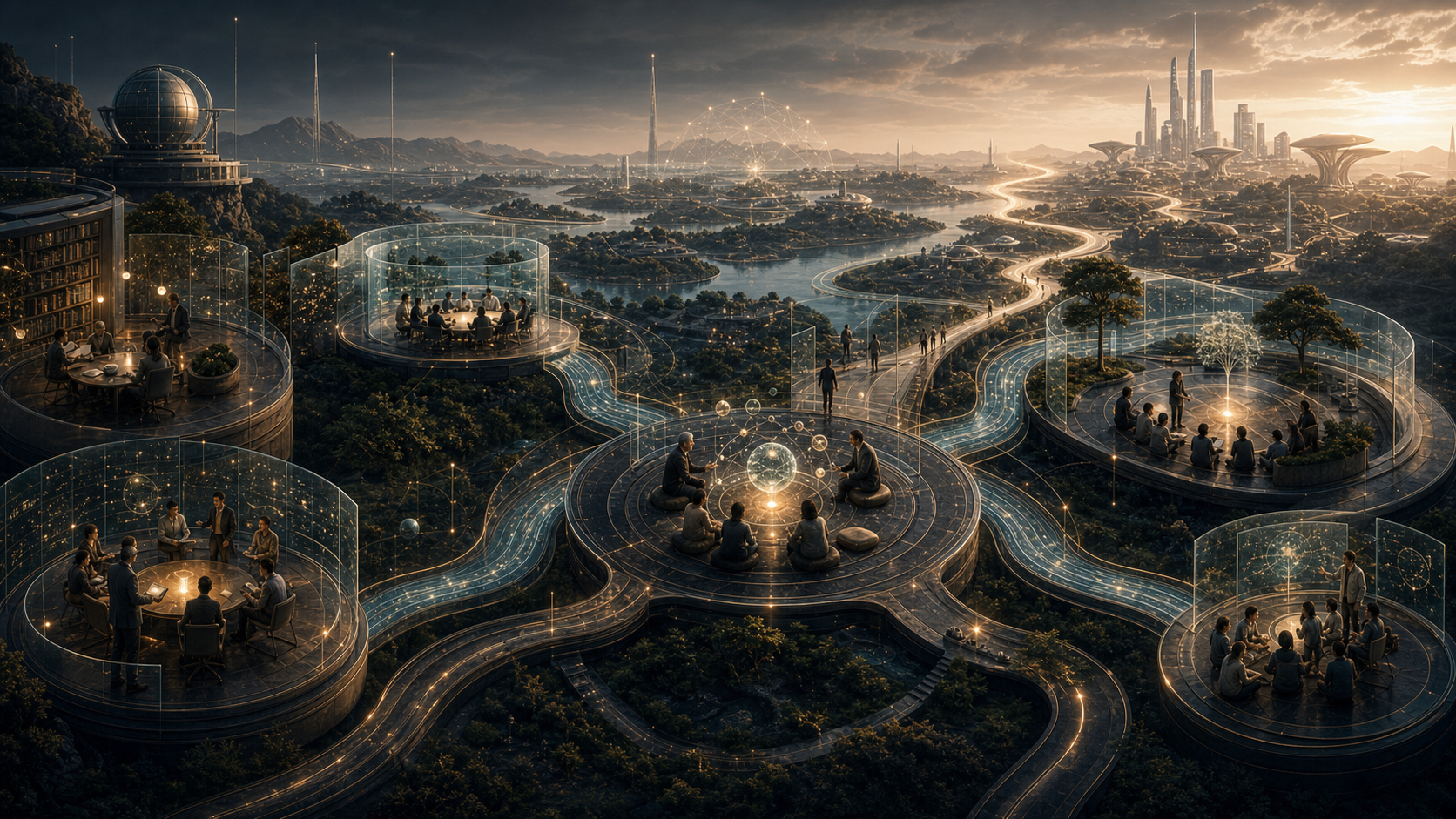 Future academic landscape linking learning, research, institutions, digital systems, and human mentorship.