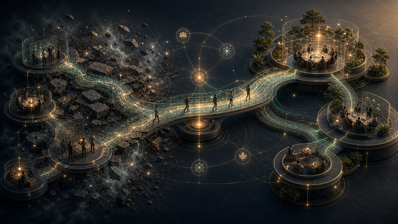 Adaptive bridge connecting change pressure, learning loops, flexible pathways, and future operating rhythm.
