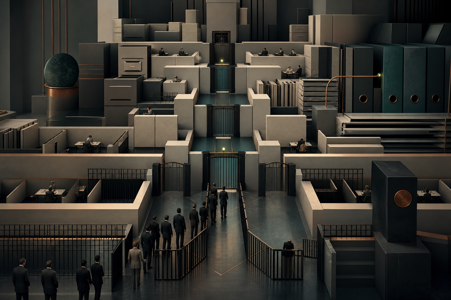 Rigid organisational layers and narrowed pathways representing the constraints of bureaucracy.