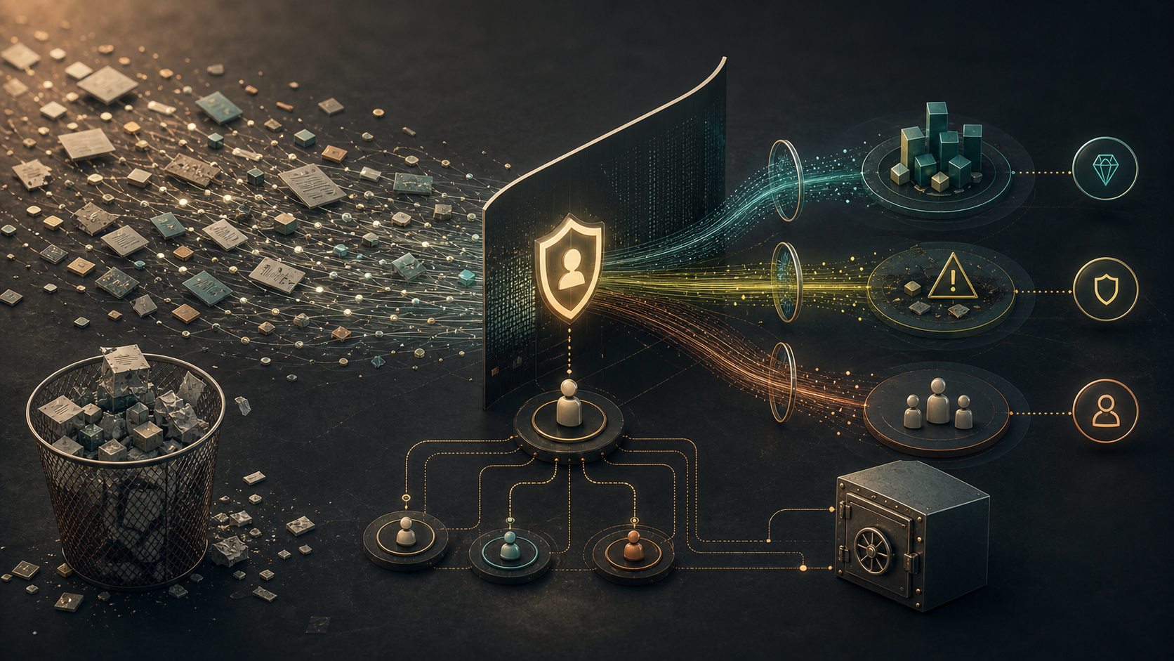 Discarded data streams sorted into value, risk, and accountability zones.