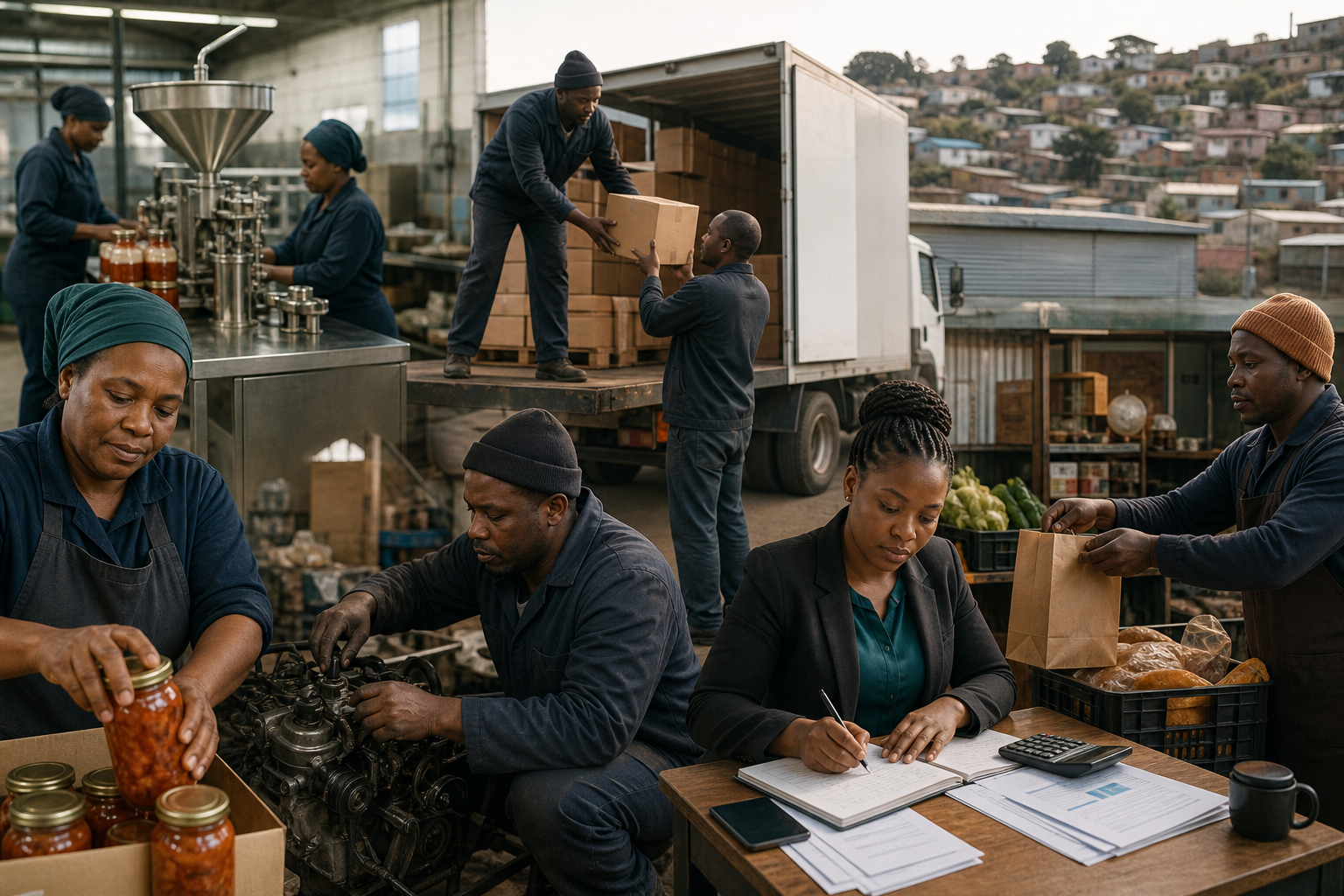 Connected food production, equipment repair, logistics and bookkeeping activities in a South African enterprise district.