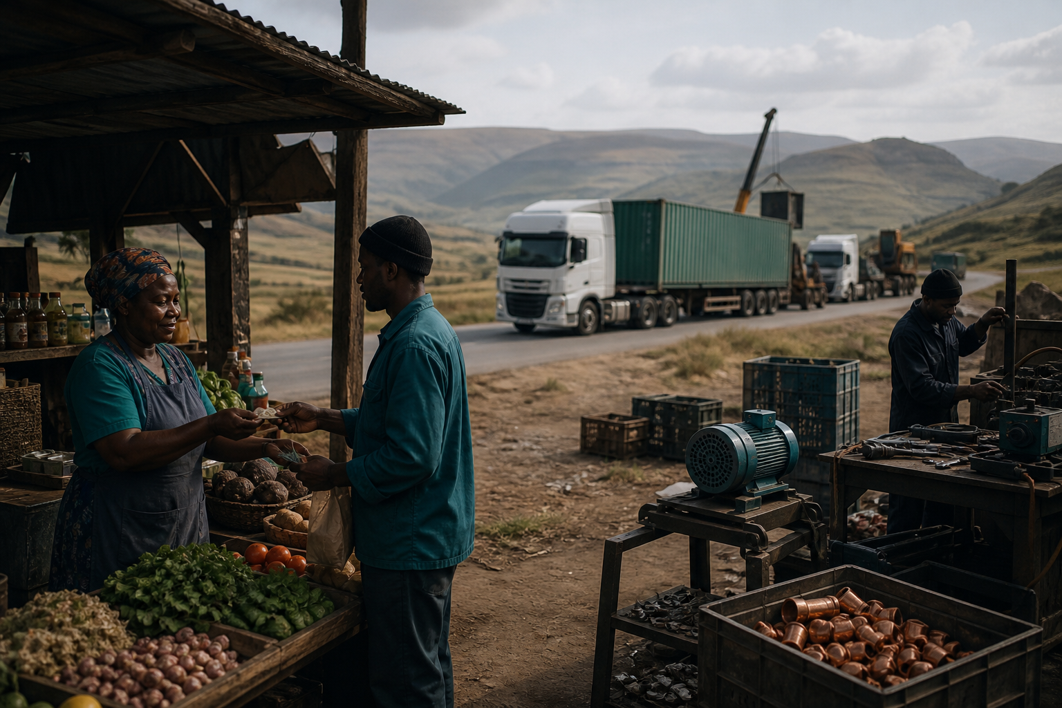A local market and repair workshop operating beside an external supply route carrying imported equipment and goods.