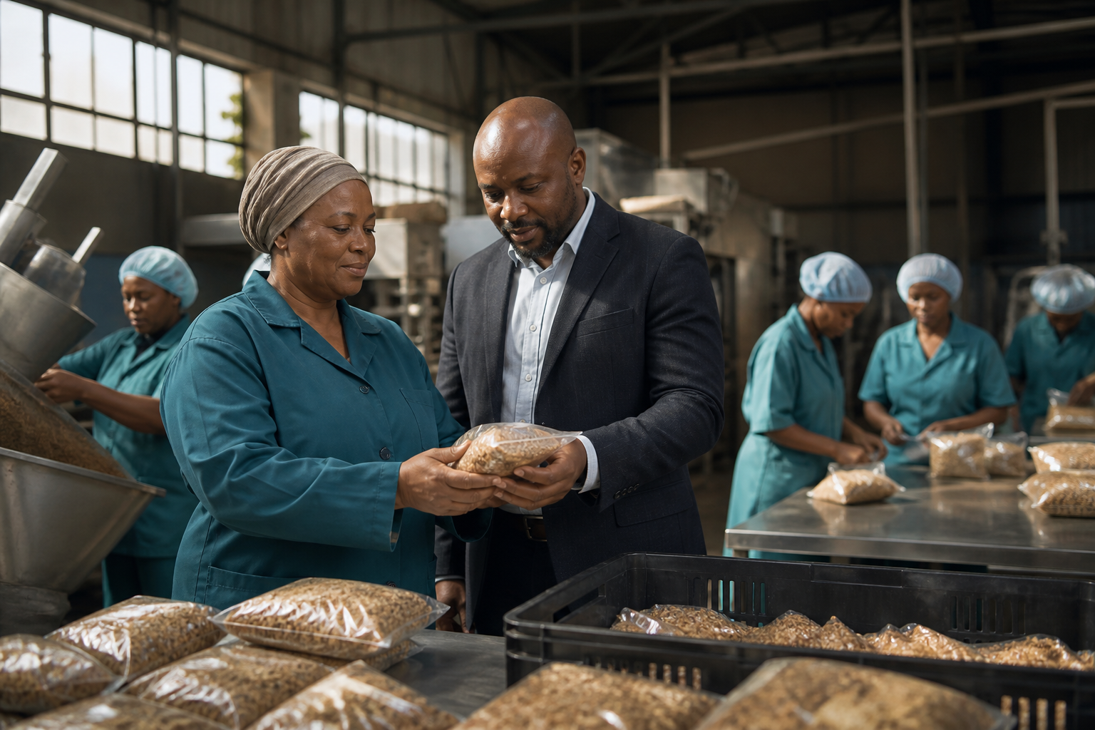A buyer inspecting finished food products with a South African producer while the production team works behind them.