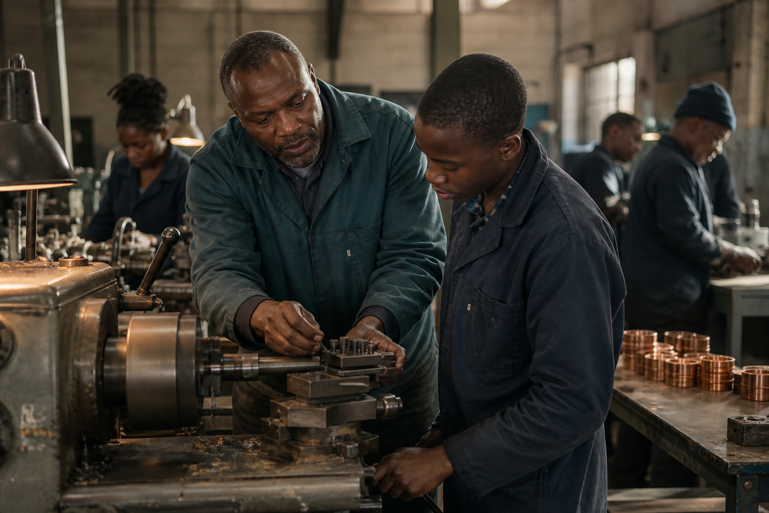 An experienced craftsperson mentoring a younger apprentice on production equipment in a working South African workshop.