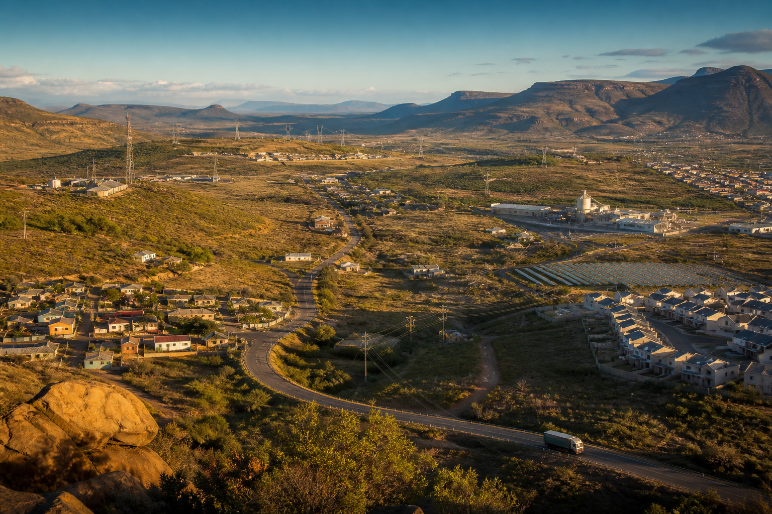 Several distinct South African communities connected by shared transport, energy and productive infrastructure.