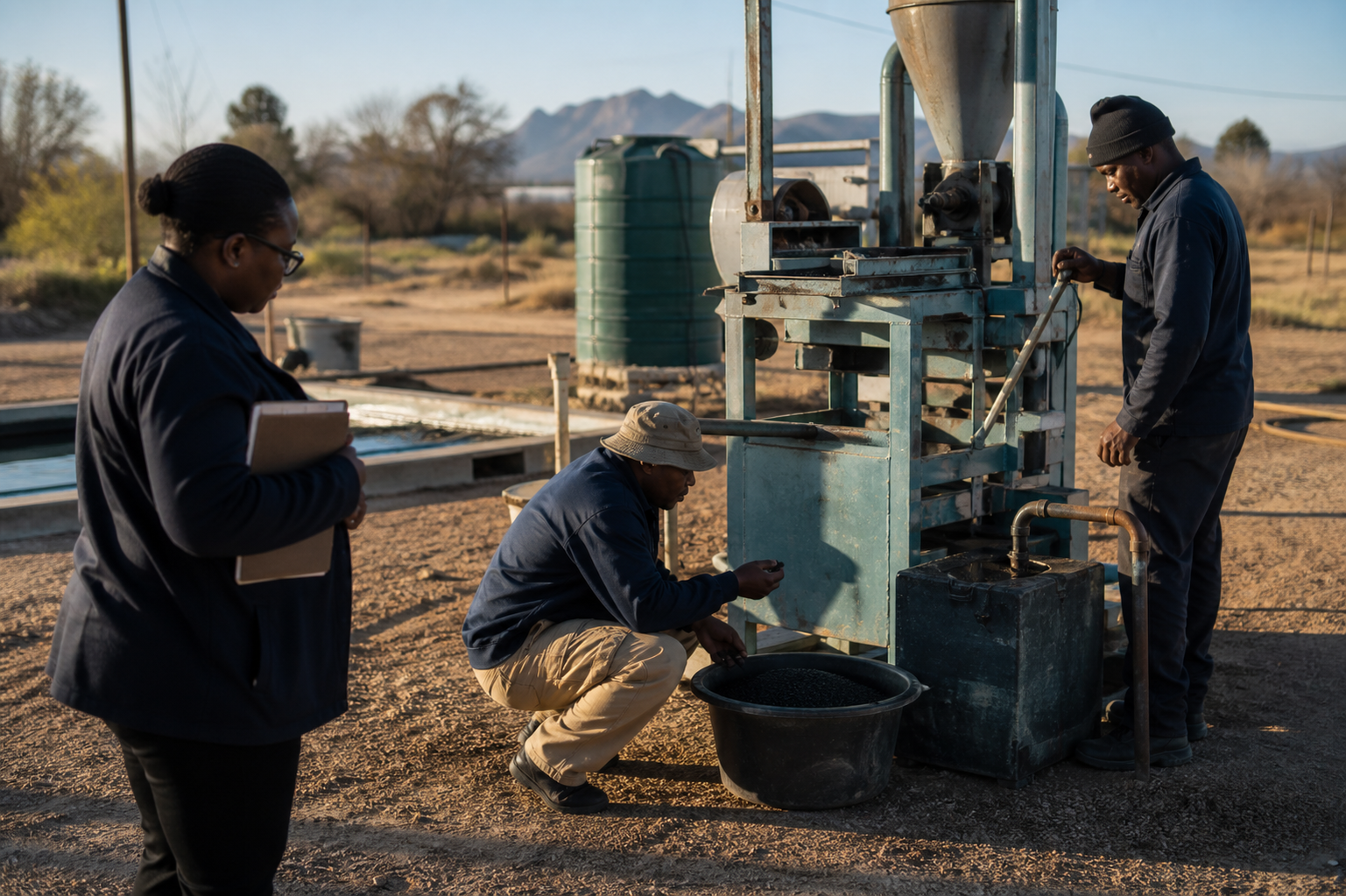 An independent evaluator and local operators inspecting a small South African production pilot before any decision to scale.