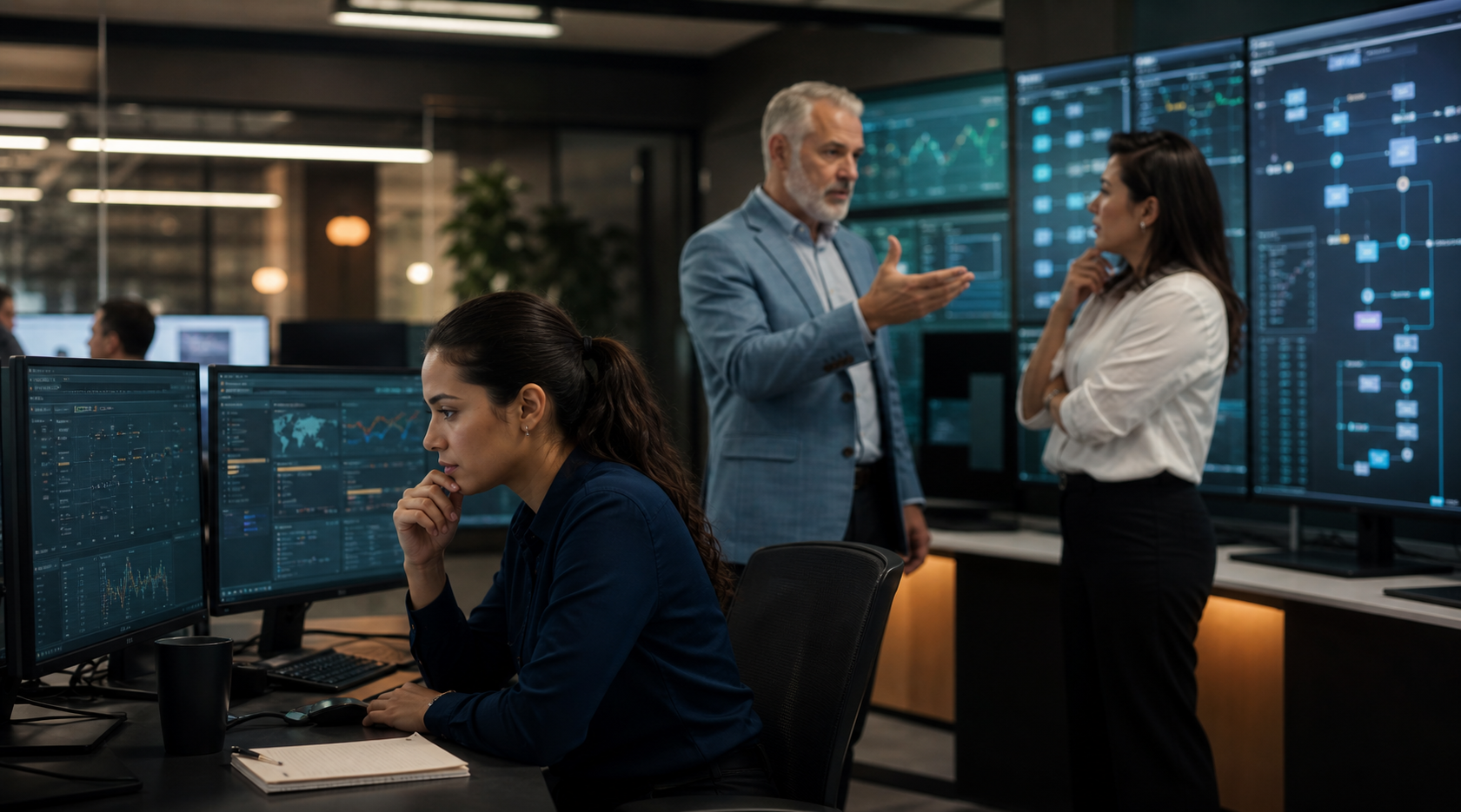 Operations specialist supervising automated workflow exceptions while managers review the wider system.