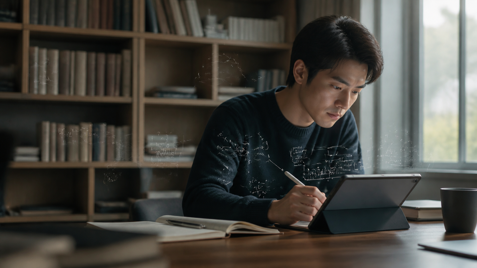 University student working through a problem on a tablet, with sketched concept pathways suggesting active and adaptive learning.