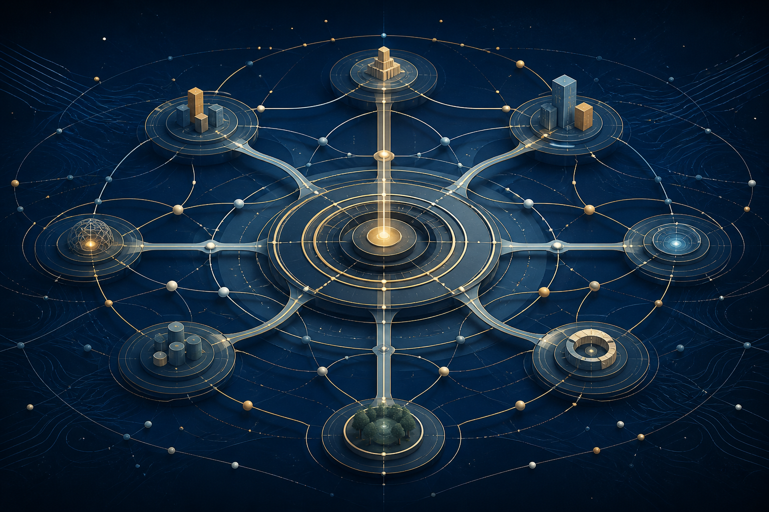 An interconnected system of organizational domains aligned around a central long-term strategic axis.