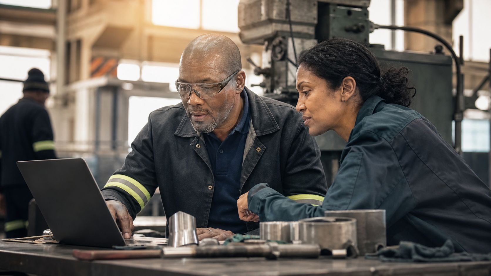 Experienced worker learning a technology-assisted role beside a workplace mentor in an industrial setting.