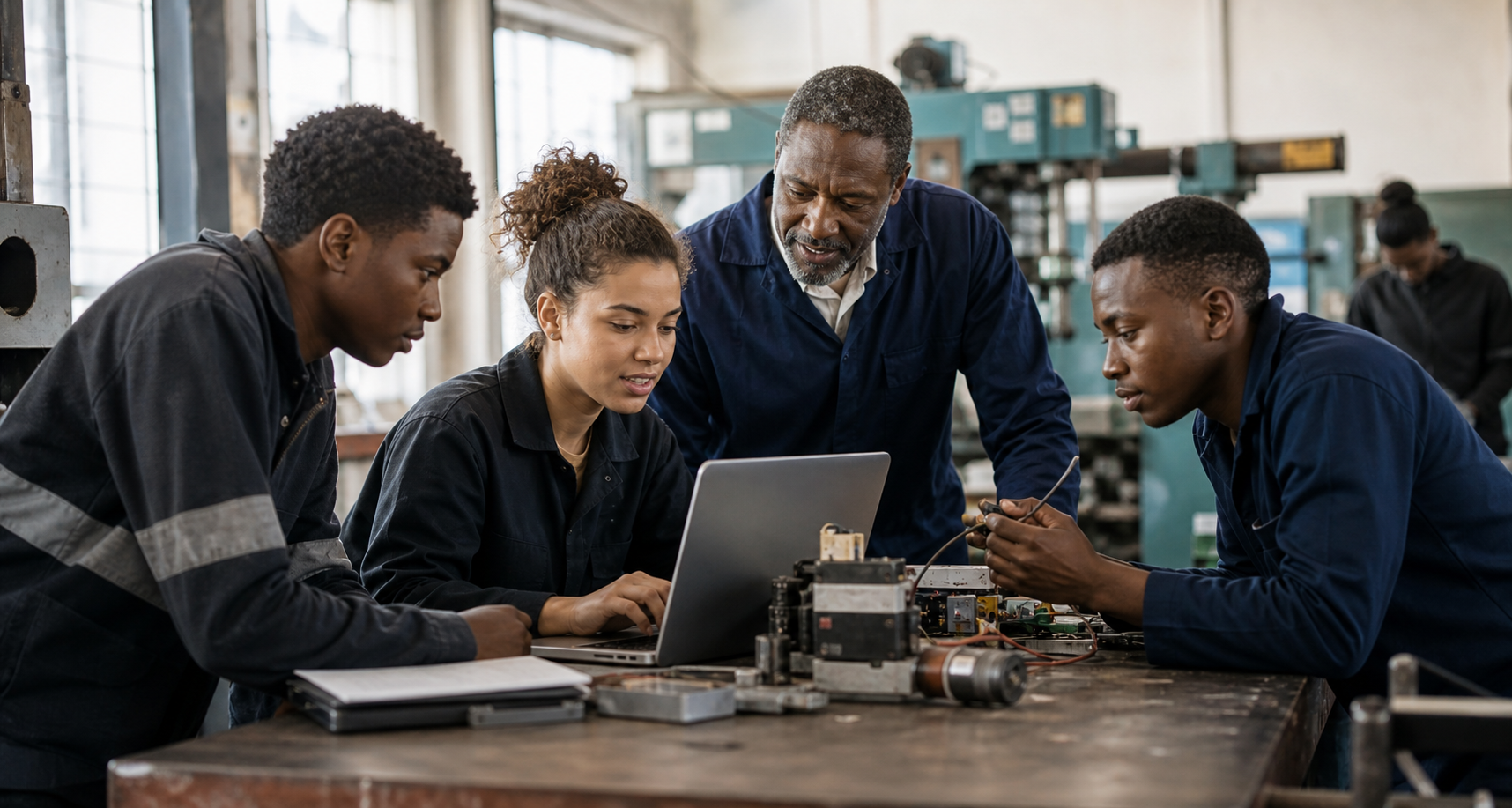 Young South Africans solving a practical technical problem with an experienced industry mentor.